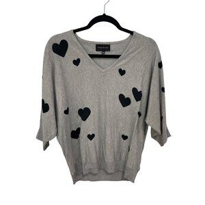 Premise Sweater Size Large Heart Print V Neck Dolman Sleeve Gray Black Knitwear